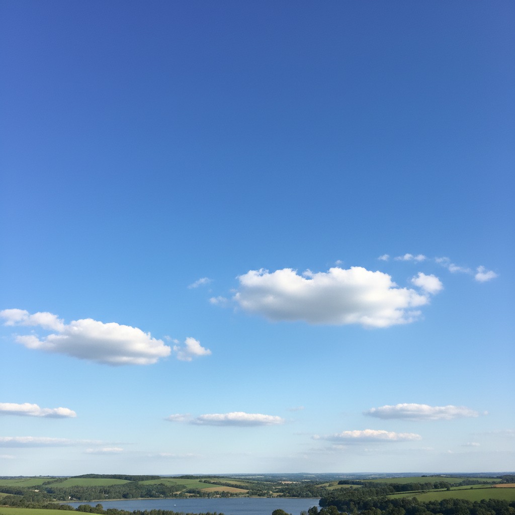Un vasto cielo blu con poche nuvole bianche si estende sopra un paesaggio verde e collinare con un lago in lontananza.